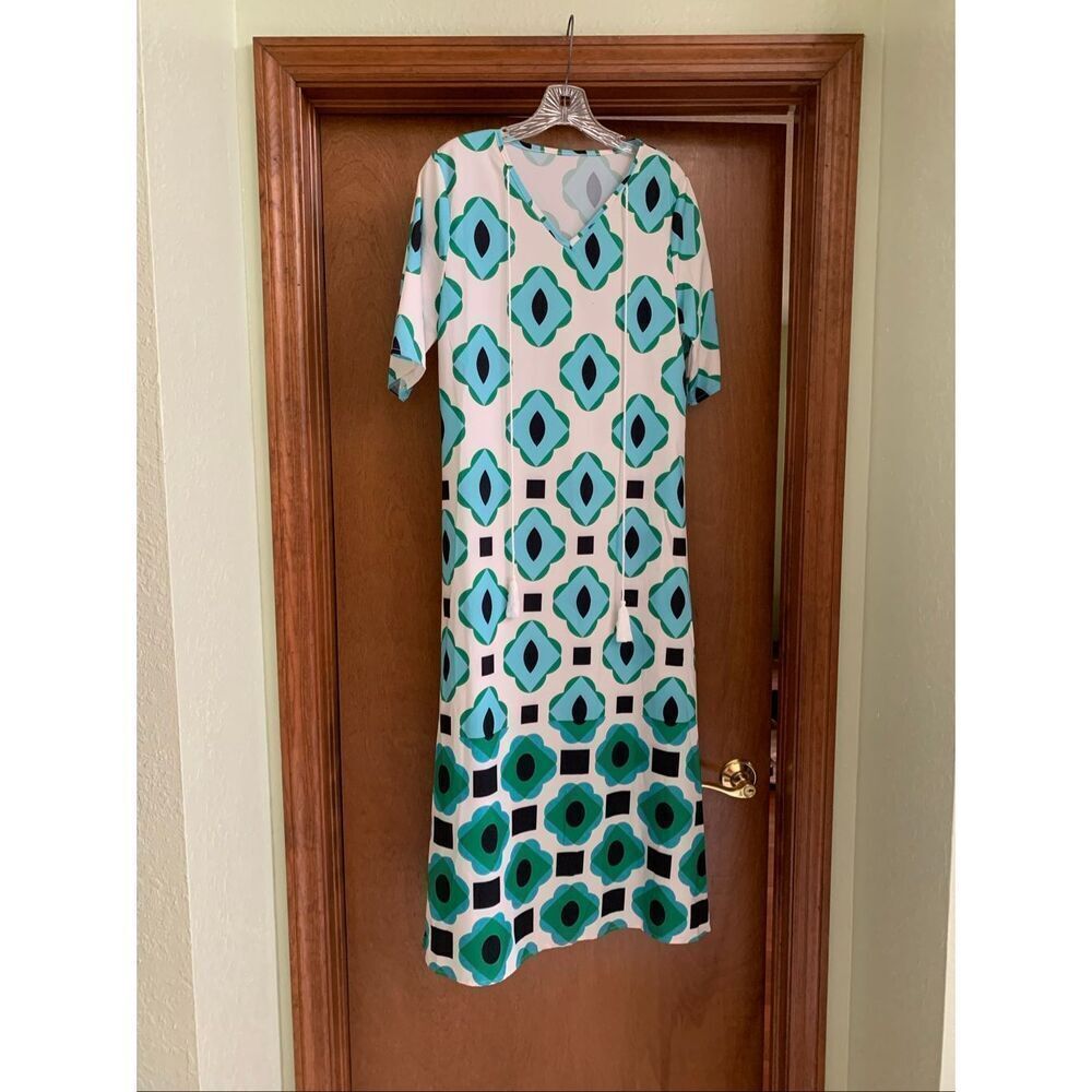 Maxi Turquoise White Black Geometric Design Dress